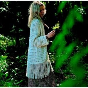 Zara Knit Open Fringe Cardigan Chunky Boho Ivory Intricate Patterns Layering